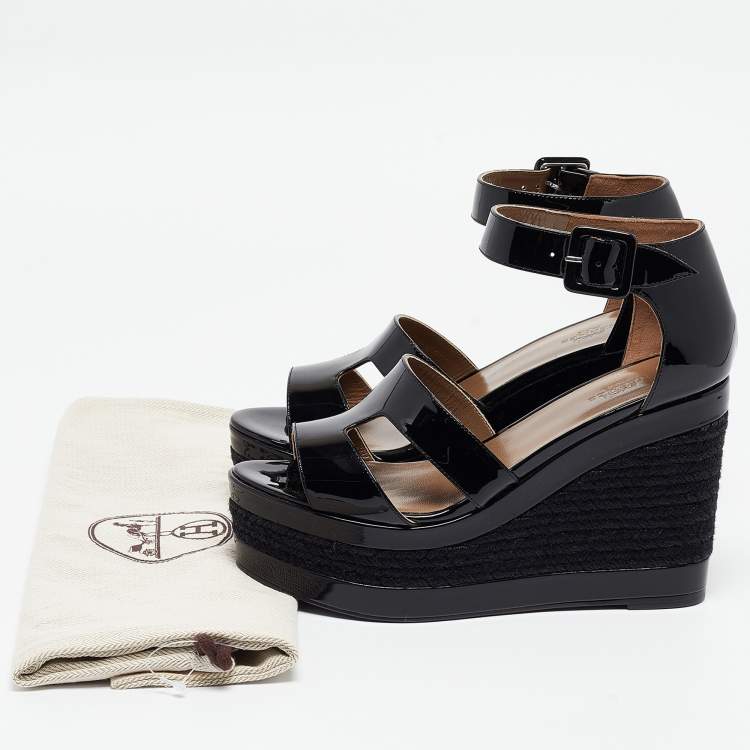 Pre Owned Hermes Black Patent Leather Ilana Espadrille Wedges Sandals Size 37