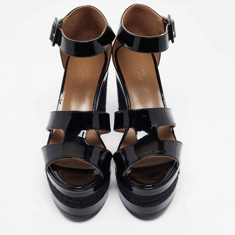 Pre Owned Hermes Black Patent Leather Ilana Espadrille Wedges Sandals Size 37