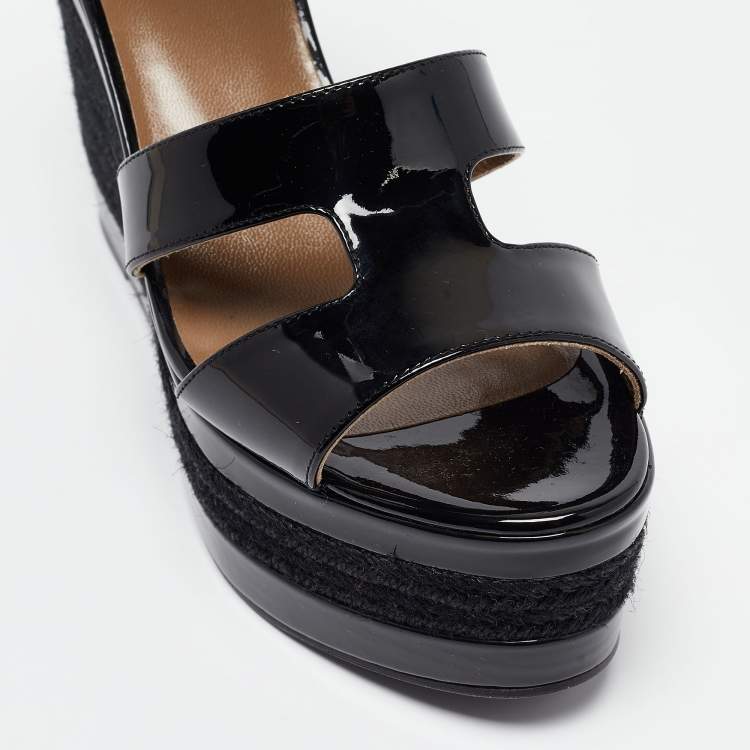 Pre Owned Hermes Black Patent Leather Ilana Espadrille Wedges Sandals Size 37