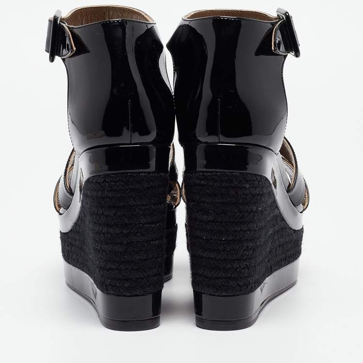 Pre Owned Hermes Black Patent Leather Ilana Espadrille Wedges Sandals Size 37
