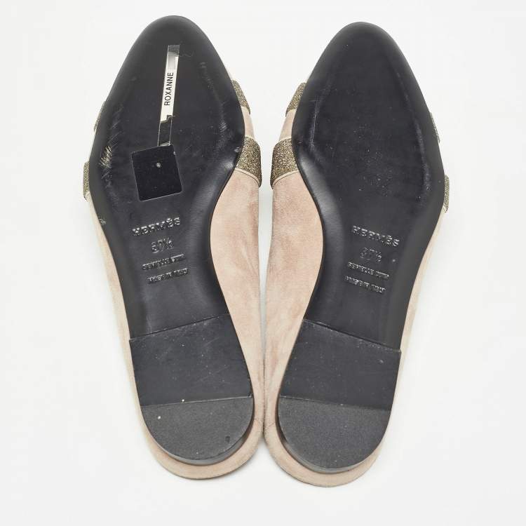 Pre Owned Hermes Beige Suede Roxane Flat Mules Size 37.5