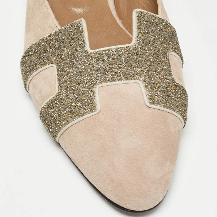Pre Owned Hermes Beige Suede Roxane Flat Mules Size 37.5