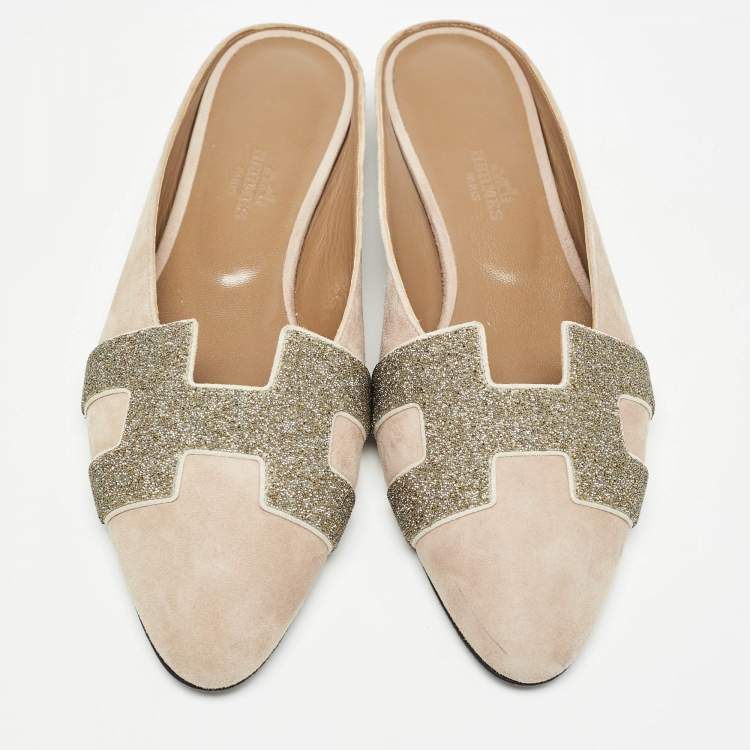 Pre Owned Hermes Beige Suede Roxane Flat Mules Size 37.5