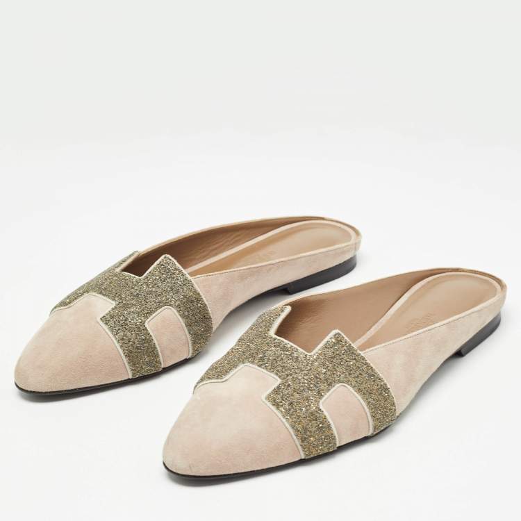 Pre Owned Hermes Beige Suede Roxane Flat Mules Size 37.5