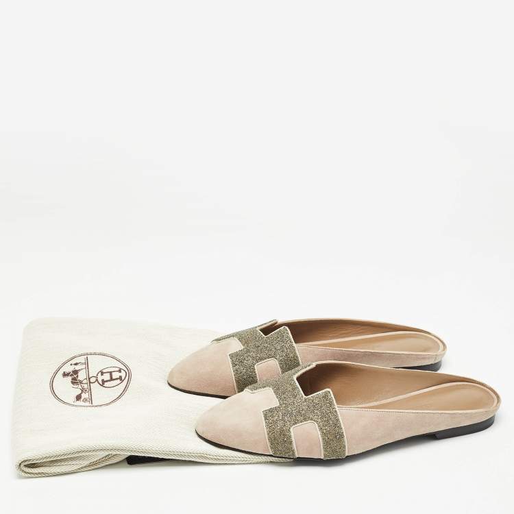 Pre Owned Hermes Beige Suede Roxane Flat Mules Size 37.5