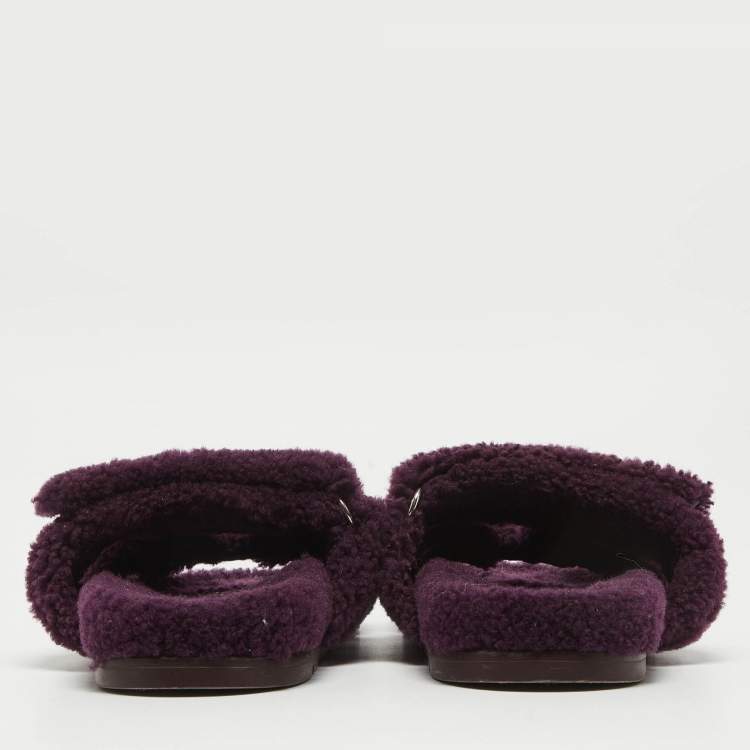 Pre Owned Hermes Purple Shearling Chypre Flat Slides Size 37