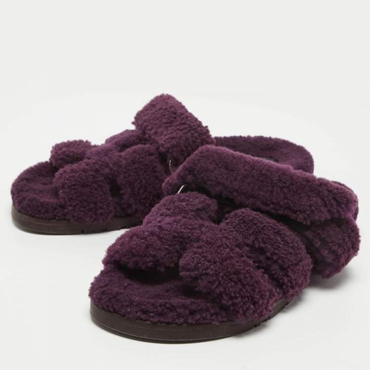 Pre Owned Hermes Purple Shearling Chypre Flat Slides Size 37