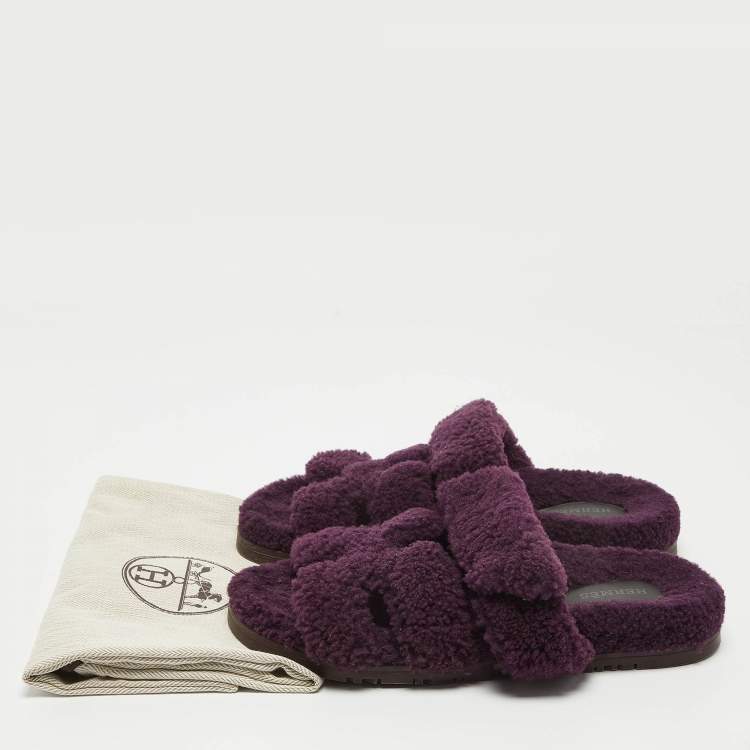 Pre Owned Hermes Purple Shearling Chypre Flat Slides Size 37