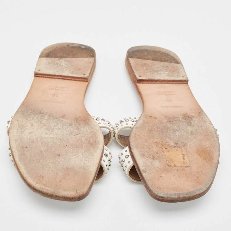 Pre Owned Hermes White Leather Studded  Oran Flat Slides Size 39  