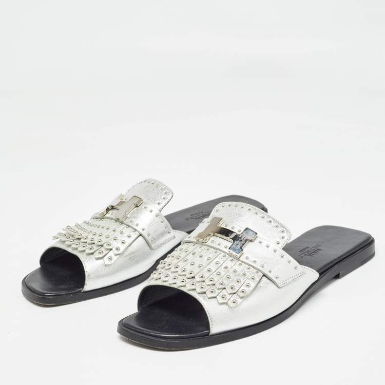 Pre Owned Hermes Silver Leather Auteuil Fringe Detail Studded Flat Slides Size 37