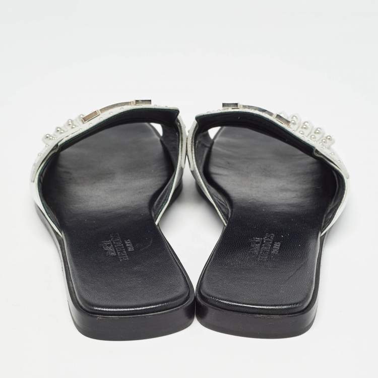 Pre Owned Hermes Silver Leather Auteuil Fringe Detail Studded Flat Slides Size 37