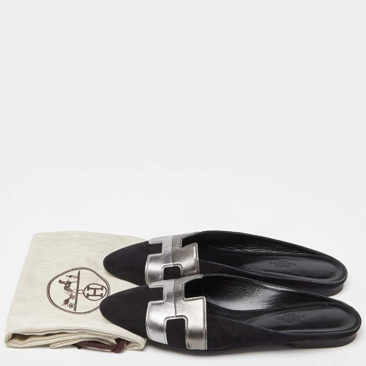 Pre Owned Hermes Black Suede and Leather Roxane Flat Mules Size 38