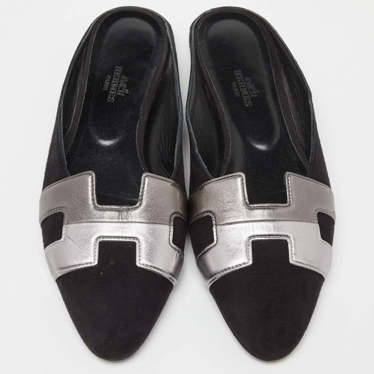 Pre Owned Hermes Black Suede and Leather Roxane Flat Mules Size 38