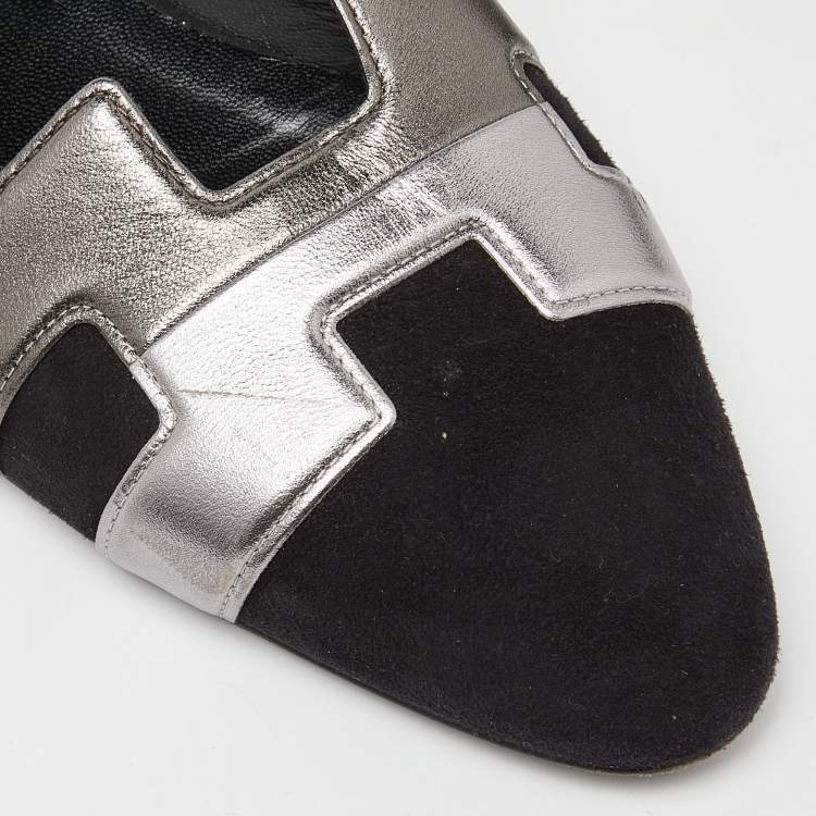Pre Owned Hermes Black Suede and Leather Roxane Flat Mules Size 38