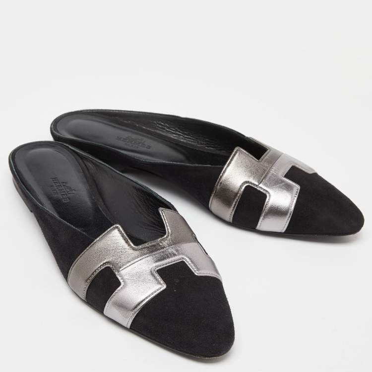 Pre Owned Hermes Black Suede and Leather Roxane Flat Mules Size 38