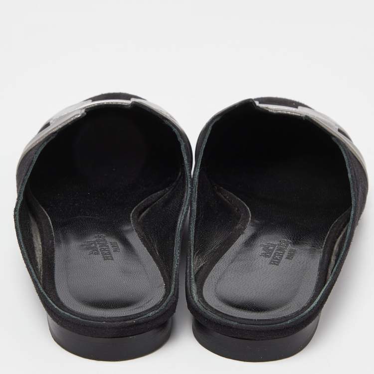 Pre Owned Hermes Black Suede and Leather Roxane Flat Mules Size 38