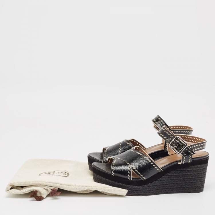Pre Owned Hermes Black Leather Wedge Ankle Strap Sandals Size 40