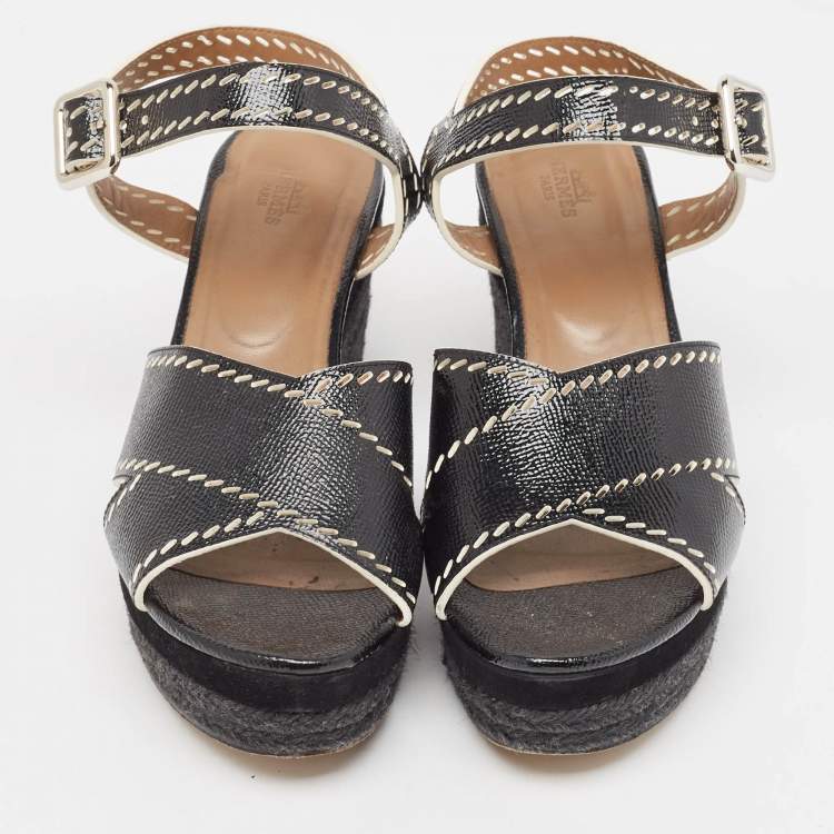 Pre Owned Hermes Black Leather Wedge Ankle Strap Sandals Size 40
