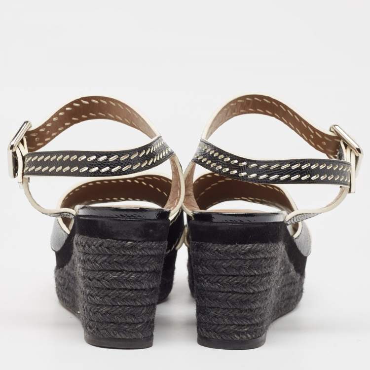 Pre Owned Hermes Black Leather Wedge Ankle Strap Sandals Size 40