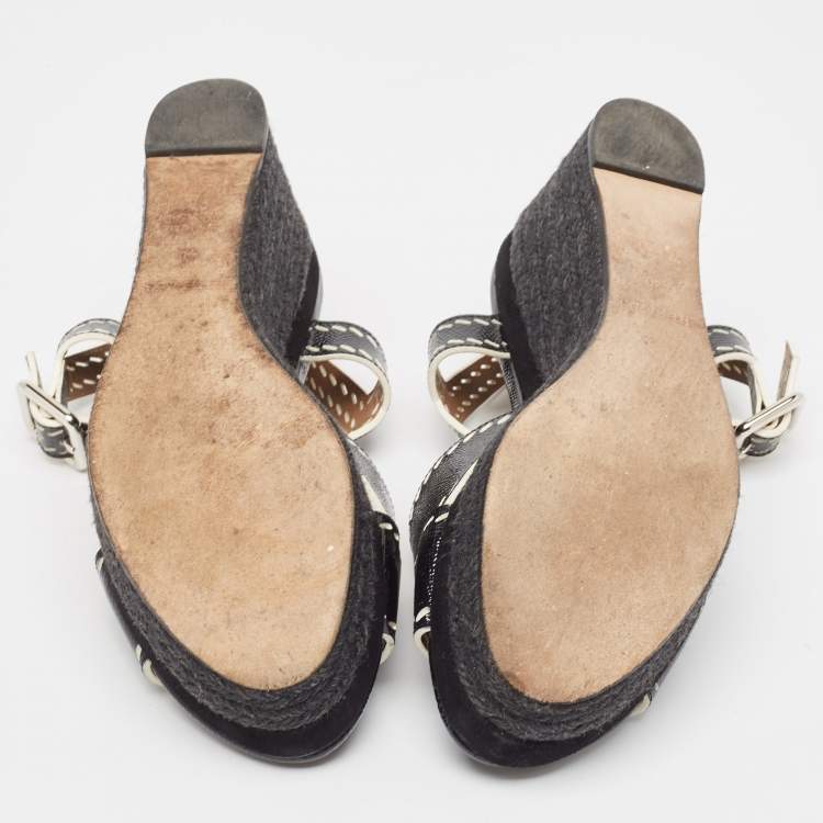 Pre Owned Hermes Black Leather Wedge Ankle Strap Sandals Size 40