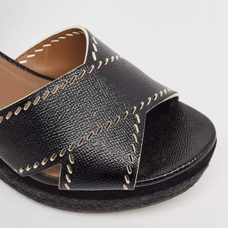 Pre Owned Hermes Black Leather Wedge Ankle Strap Sandals Size 40