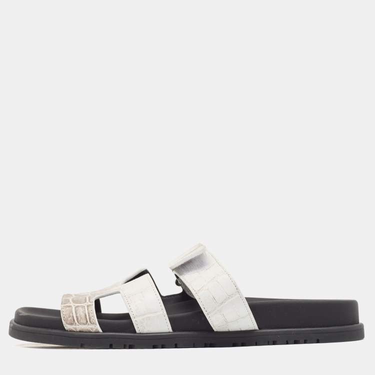 Pre Owned Hermes White/Brown  Crocodile Chypre Himalaya Slides Size 40