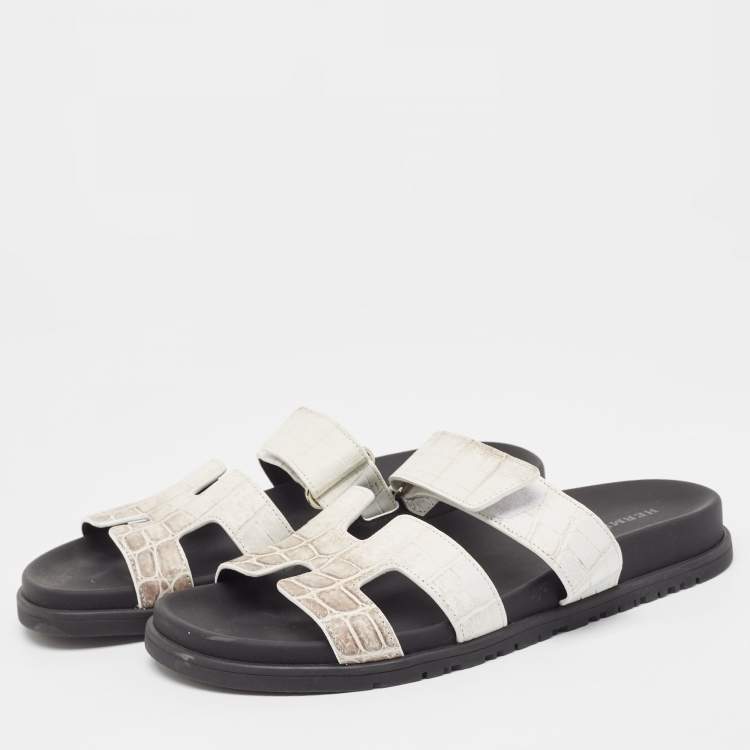Pre Owned Hermes White/Brown  Crocodile Chypre Himalaya Slides Size 40