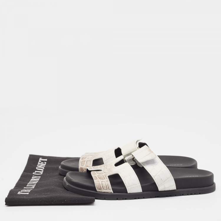 Pre Owned Hermes White/Brown  Crocodile Chypre Himalaya Slides Size 40
