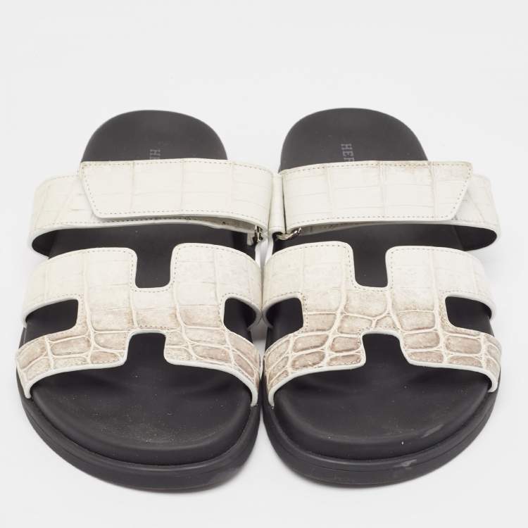 Pre Owned Hermes White/Brown  Crocodile Chypre Himalaya Slides Size 40