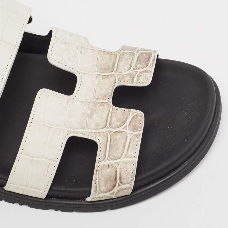 Pre Owned Hermes White/Brown  Crocodile Chypre Himalaya Slides Size 40