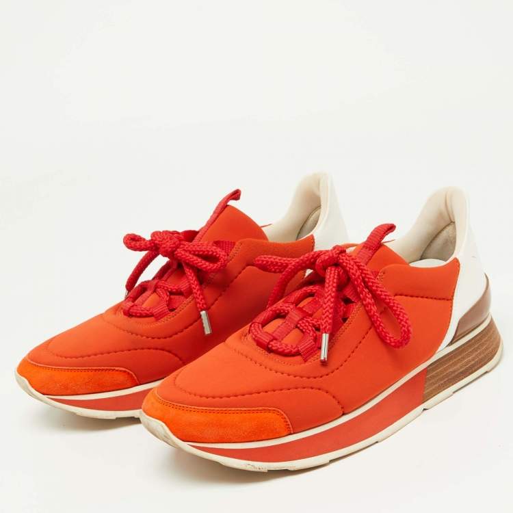 Pre Owned Hermes Orange/White Neoprene and Leather Miles Sneakers Size 36