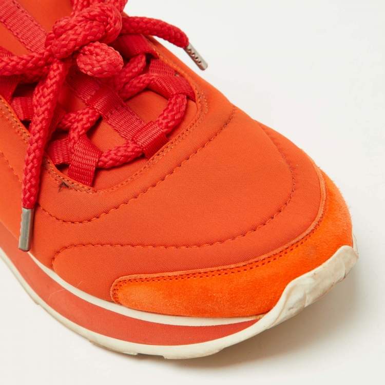 Pre Owned Hermes Orange/White Neoprene and Leather Miles Sneakers Size 36