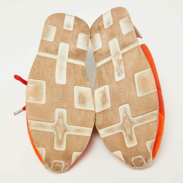 Pre Owned Hermes Orange/White Neoprene and Leather Miles Sneakers Size 36