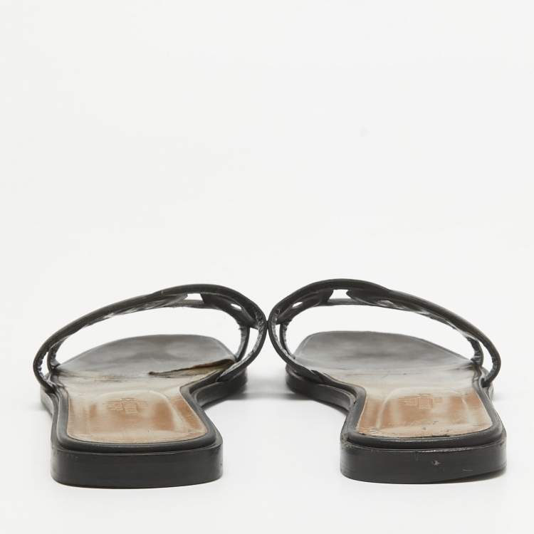Pre Owned Hermes Black Leather Omaha Flat Slides Size 39.5