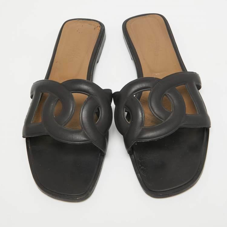 Pre Owned Hermes Black Leather Omaha Flat Slides Size 39.5