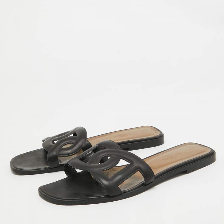 Pre Owned Hermes Black Leather Omaha Flat Slides Size 39.5