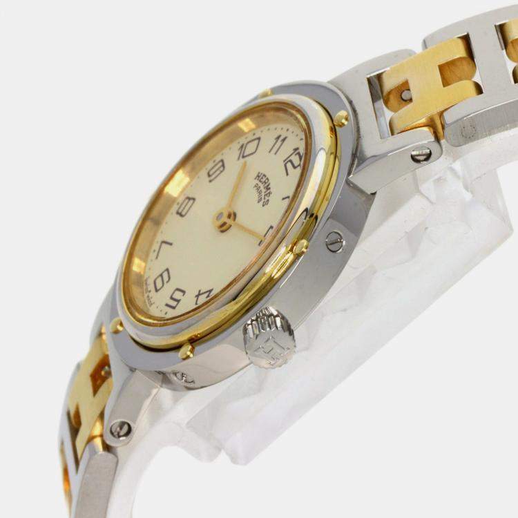 Pre Owned Hermes Ivory Yellow Gold Plated Stainless Steel Clipper Quartz Women's Wristwatch 24 mm
