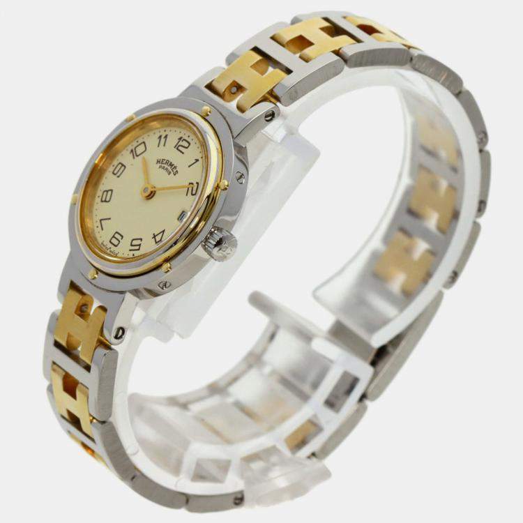 Pre Owned Hermes Ivory Yellow Gold Plated Stainless Steel Clipper Quartz Women's Wristwatch 24 mm
