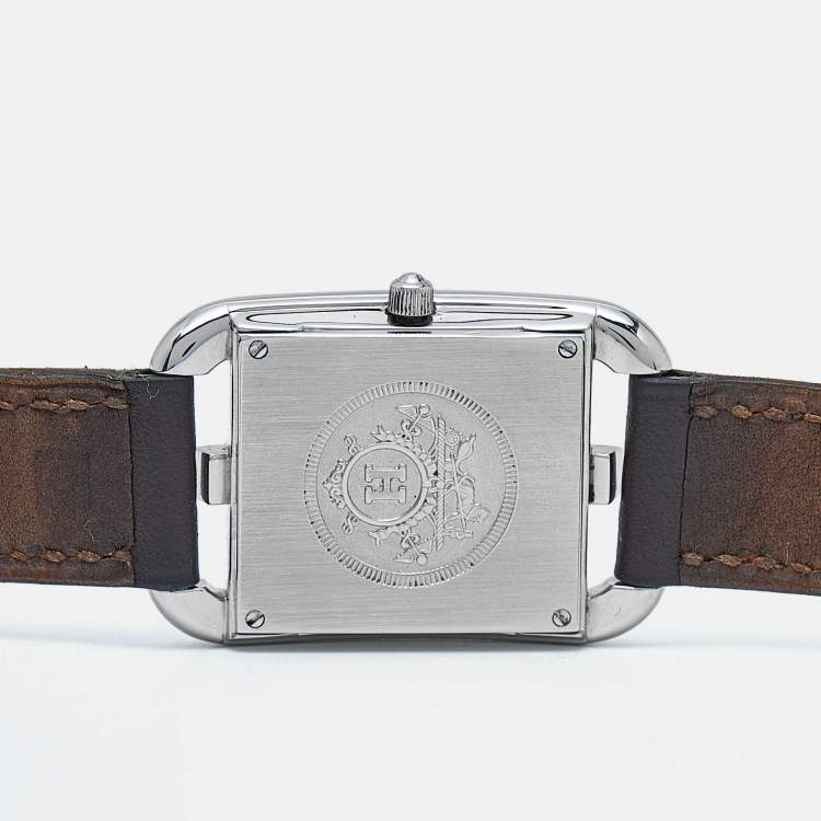Pre Owned Hermes Silver Dial Stainless Steel Leather Cape Cod CC1.210 Unisex Wristwatch 23 mm
