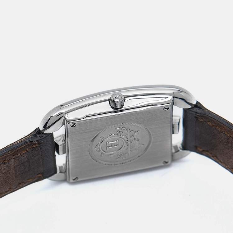 Pre Owned Hermes Silver Dial Stainless Steel Leather Cape Cod CC1.210 Unisex Wristwatch 23 mm