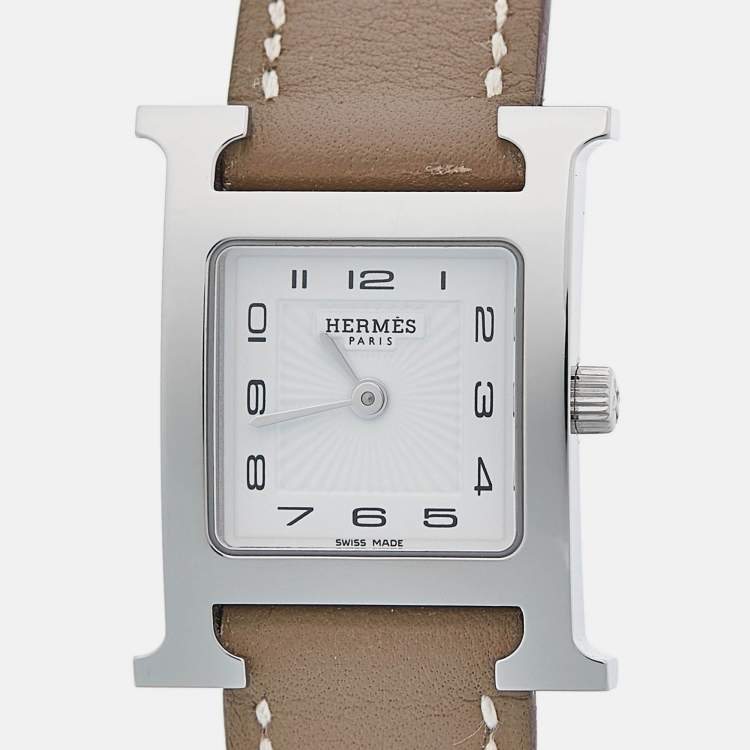 Pre Owned Hermes White Stainless Steel Leather Heure H HH1.210 Women's Wristwatch 21 mm