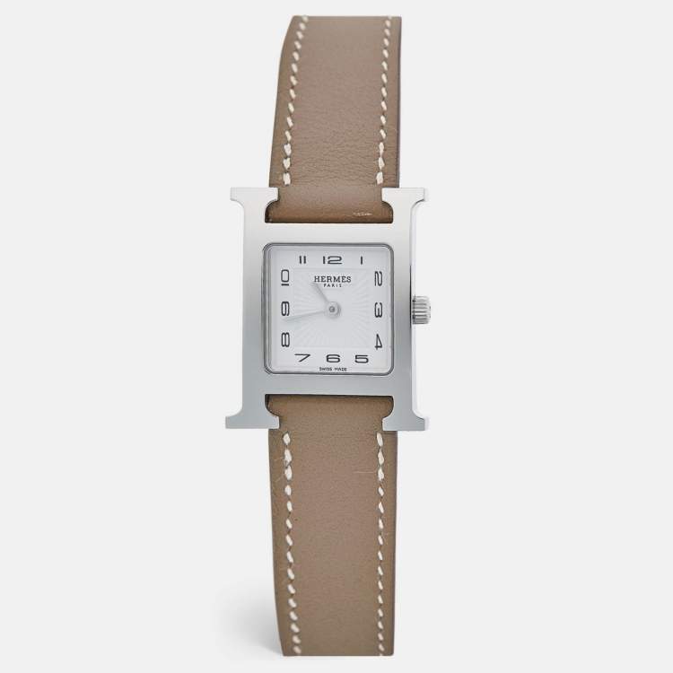Pre Owned Hermes White Stainless Steel Leather Heure H HH1.210 Women's Wristwatch 21 mm