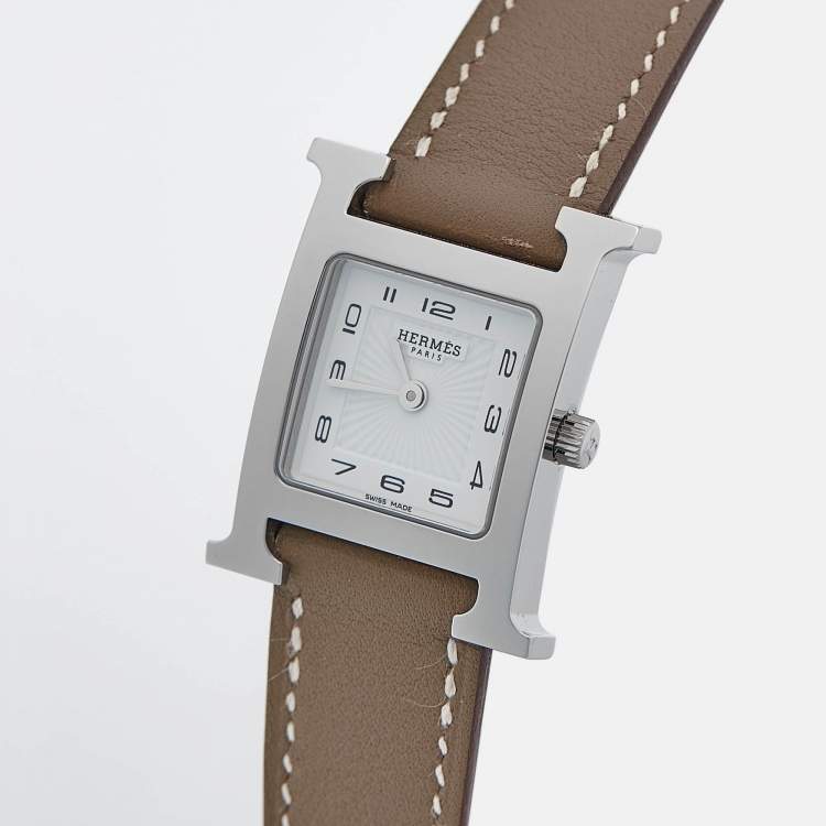Pre Owned Hermes White Stainless Steel Leather Heure H HH1.210 Women's Wristwatch 21 mm