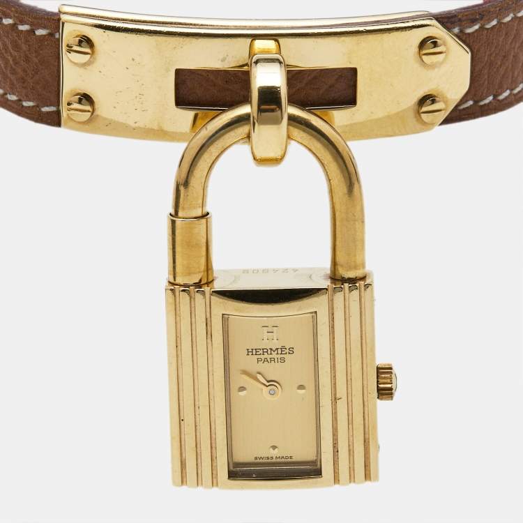 Pre Owned Hermes Champagne Gold Plated Leather Kelly Women's Wristwatch 20MM