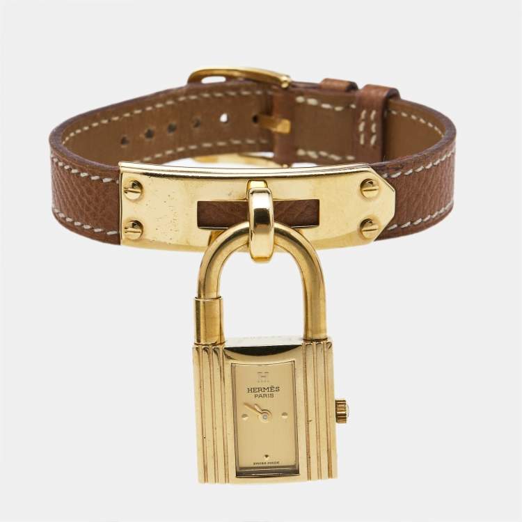 Pre Owned Hermes Champagne Gold Plated Leather Kelly Women's Wristwatch 20MM
