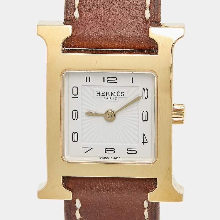 Pre Owned Hermes White Yellow Gold Plated Stainless Steel Leather Heure H W036734WW00 Women's Wristwatch 21 mm 