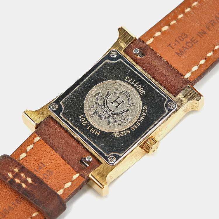 Pre Owned Hermes White Yellow Gold Plated Stainless Steel Leather Heure H W036734WW00 Women's Wristwatch 21 mm 