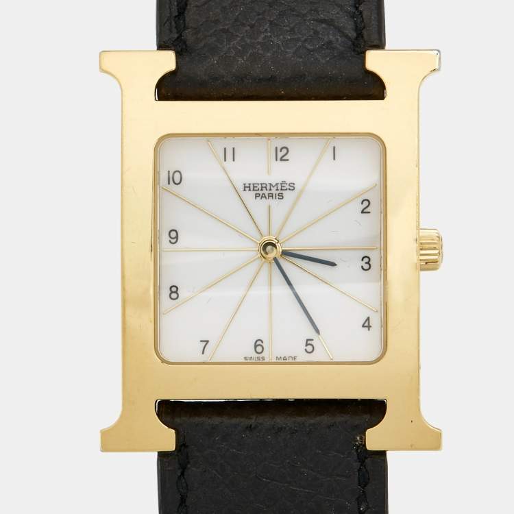 Pre Owned Hermes White Yellow Gold Plated Stainless Steel Leather Heure H HH1.510 Women's Wristwatch 26 mm