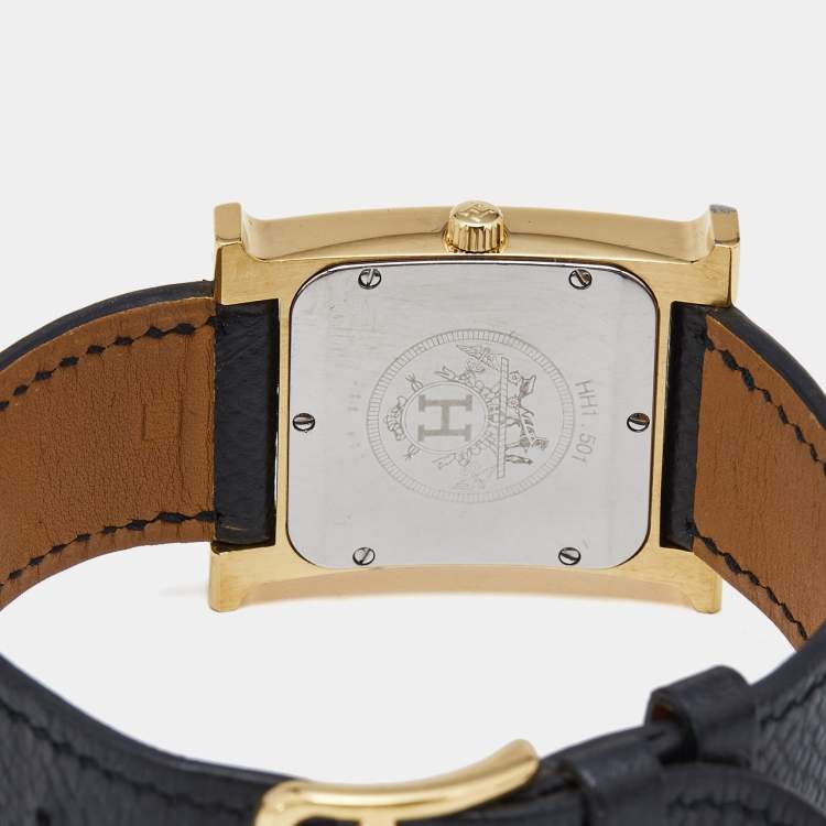 Pre Owned Hermes White Yellow Gold Plated Stainless Steel Leather Heure H HH1.510 Women's Wristwatch 26 mm