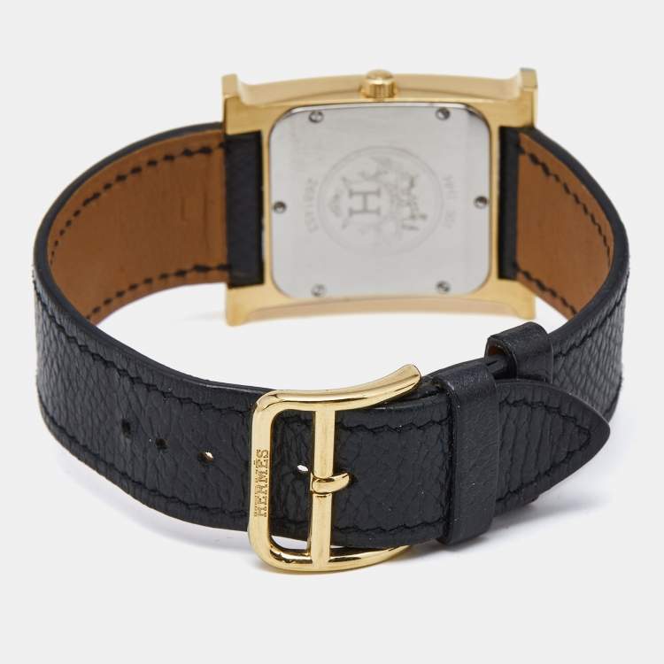 Pre Owned Hermes White Yellow Gold Plated Stainless Steel Leather Heure H HH1.510 Women's Wristwatch 26 mm
